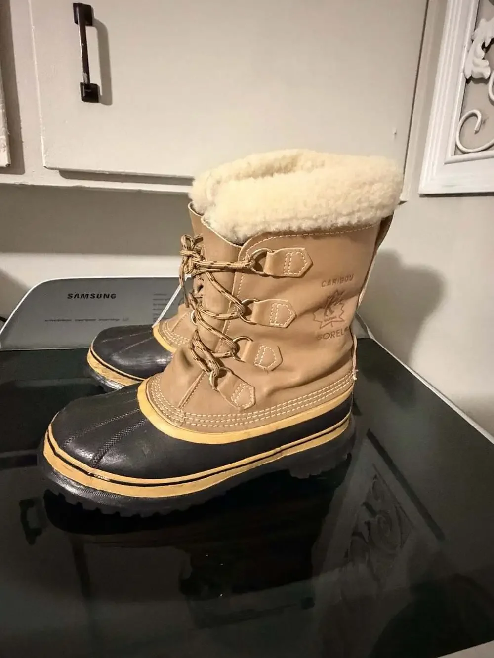 Sorel Caribou Waterproof Leather Winter Boots Tan Black Faux Fur